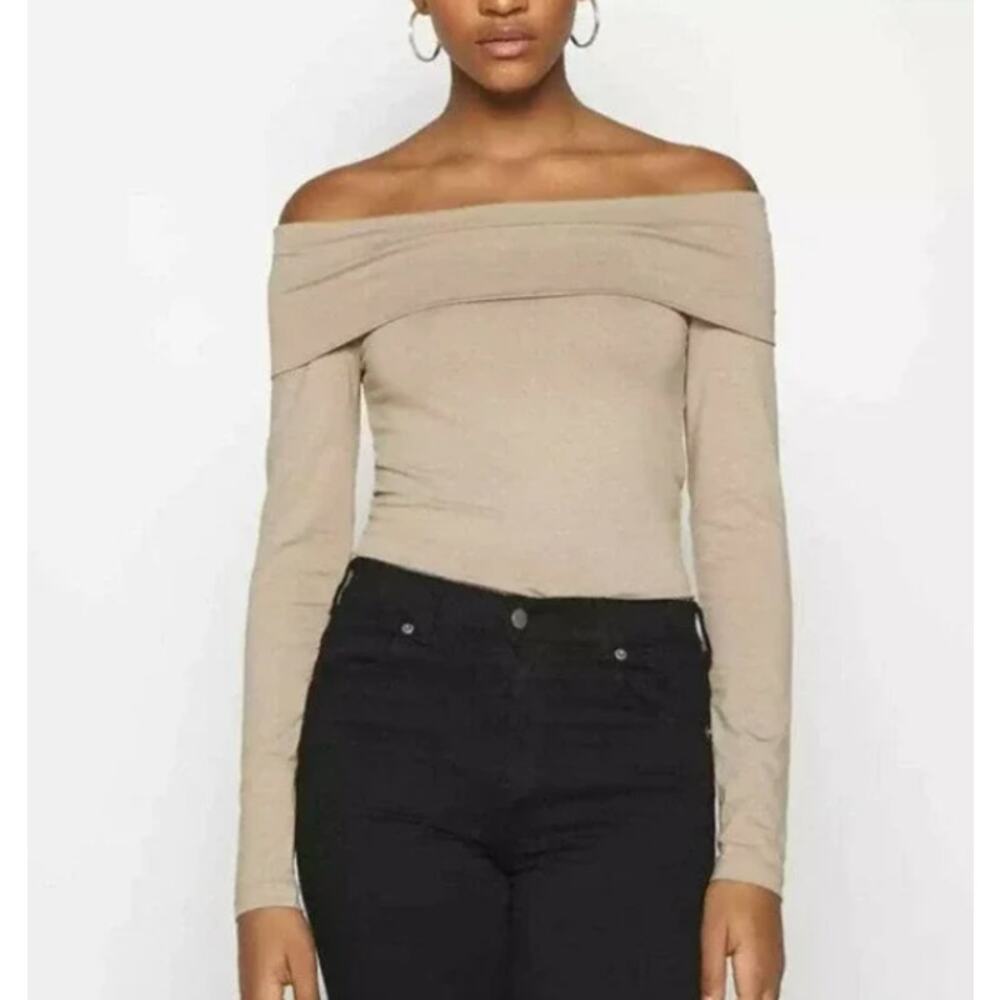 Vero Moda SMALL Long Sleeve Off Shoulder Top Silver Mink Sexy Cocktail BODYCON